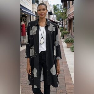 😍MICHAEL'S PIC Long Black Button-Front Duster with Abstract white  Circle Print